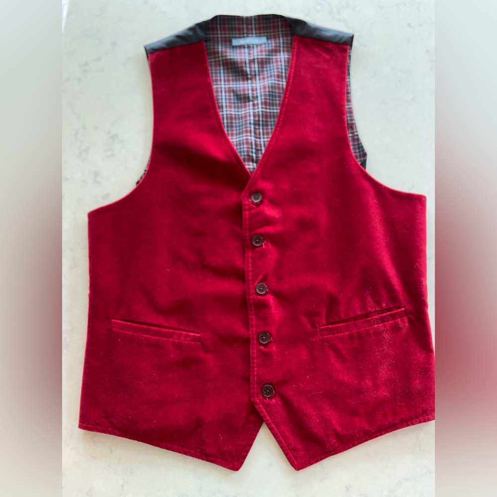 Madison Deep Red Velvet Waistcoat Vest - Size Medium - Plaid Lining